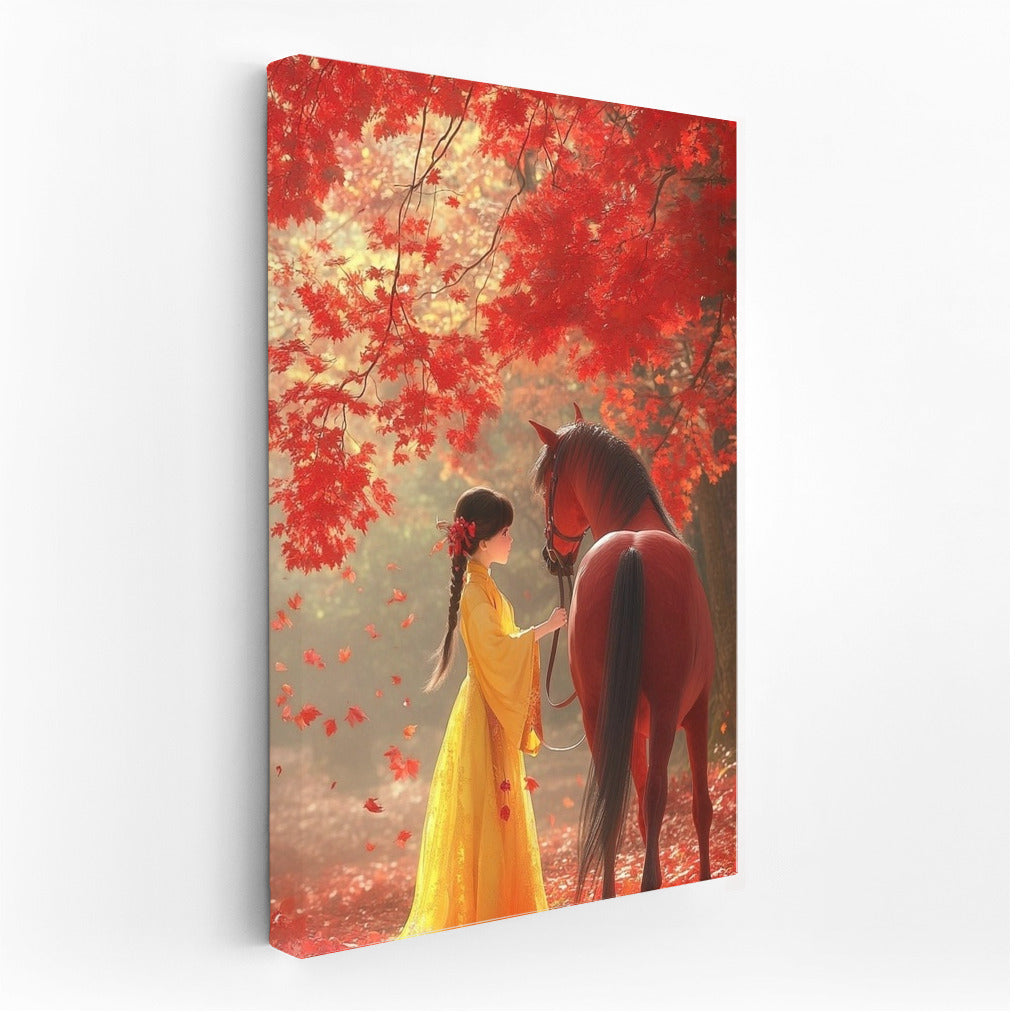 Autumn Waltz: Girl and Horse in the Dance of Leaves