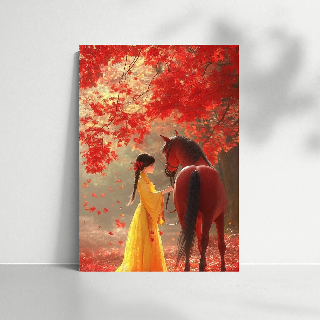 Autumn Waltz: Girl and Horse in the Dance of Leaves