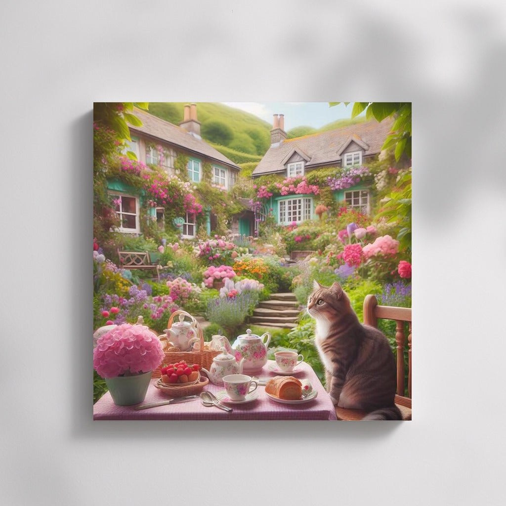 Tea Break in a Flower Paradise: Cat in an English Garden
