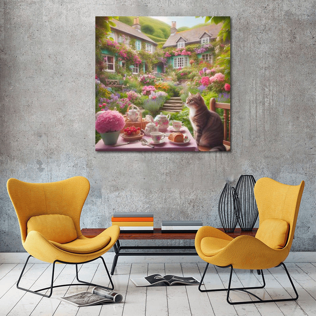 Tea Break in a Flower Paradise: Cat in an English Garden