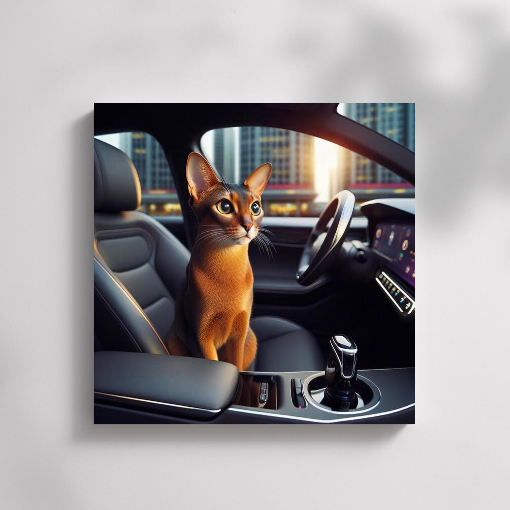 Abyssinian Cat Driving a Futuristic Car: Wall Art for Modern Interiors