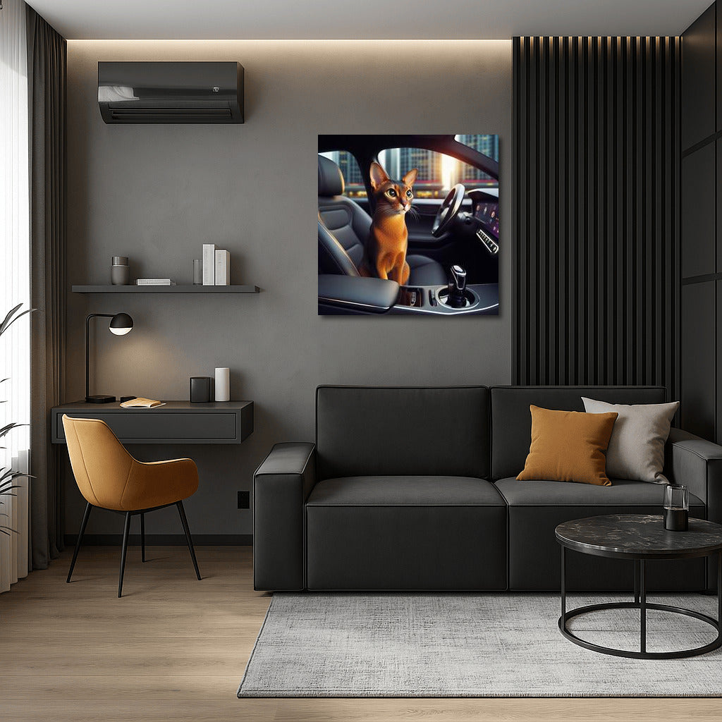 Abyssinian Cat Driving a Futuristic Car: Wall Art for Modern Interiors