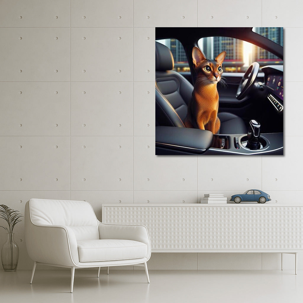 Abyssinian Cat Driving a Futuristic Car: Wall Art for Modern Interiors