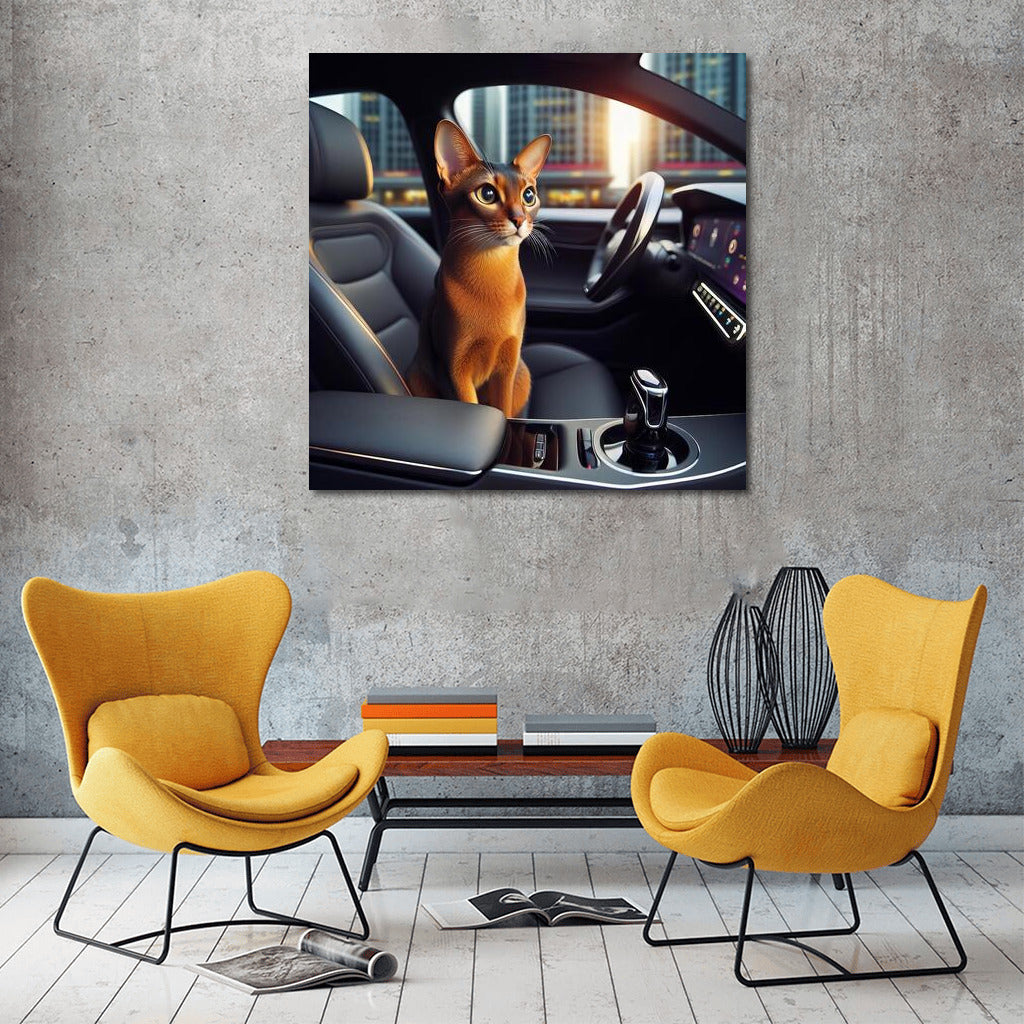 Abyssinian Cat Driving a Futuristic Car: Wall Art for Modern Interiors