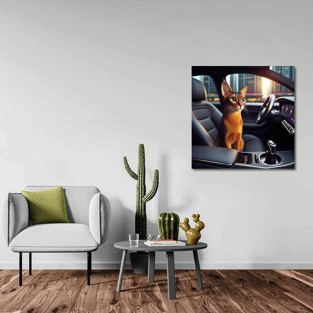Abyssinian Cat Driving a Futuristic Car: Wall Art for Modern Interiors