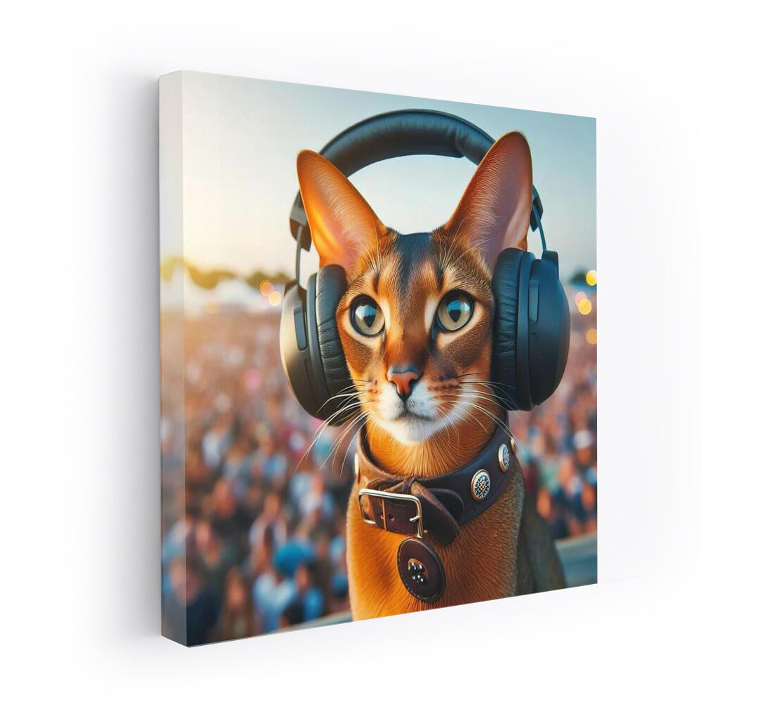Abyssinian cat at a music festival wearing stylish headphones