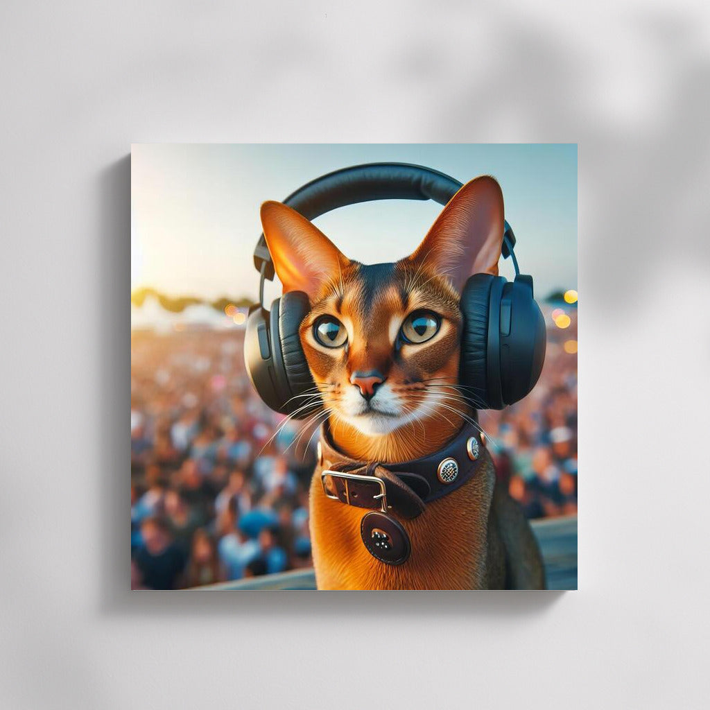 Abyssinian cat at a music festival wearing stylish headphones