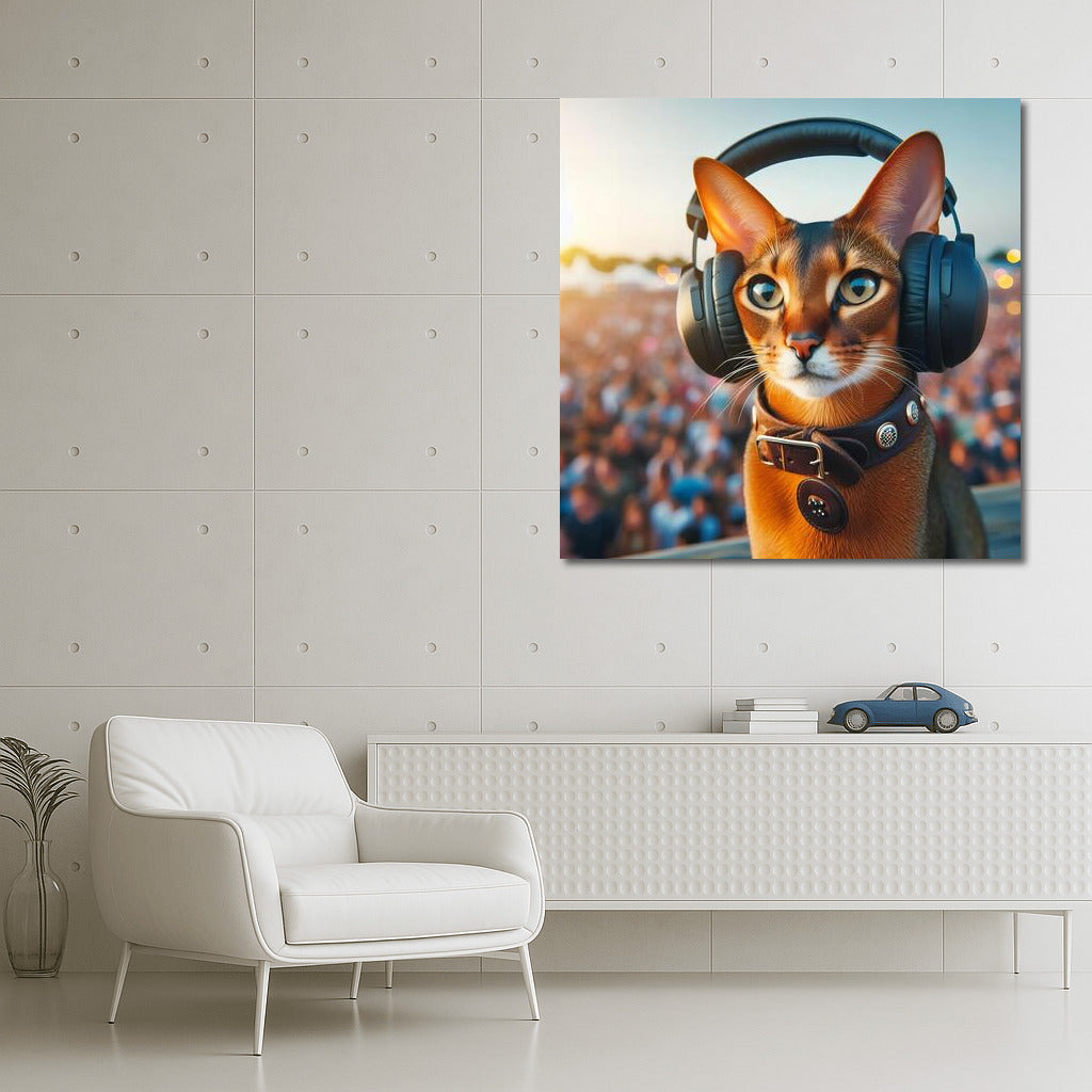 Abyssinian cat at a music festival wearing stylish headphones