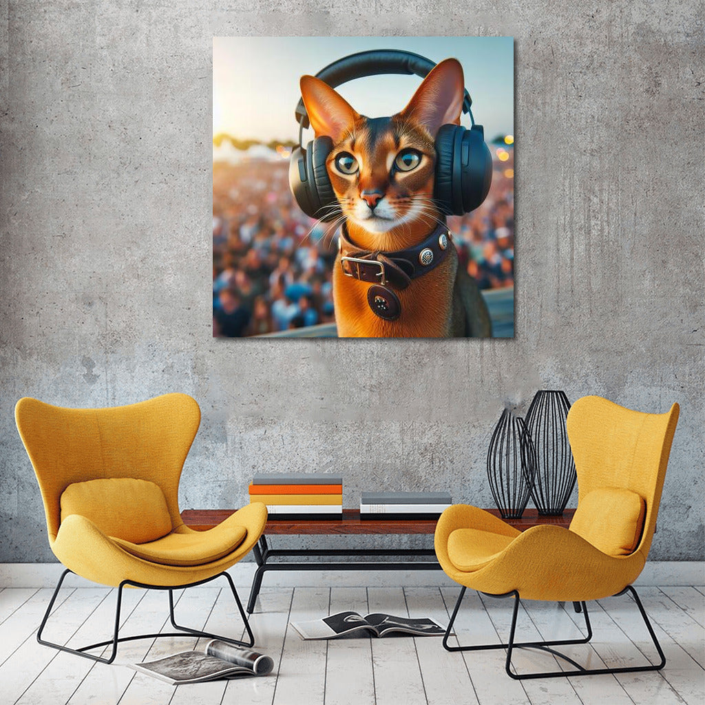 Abyssinian cat at a music festival wearing stylish headphones