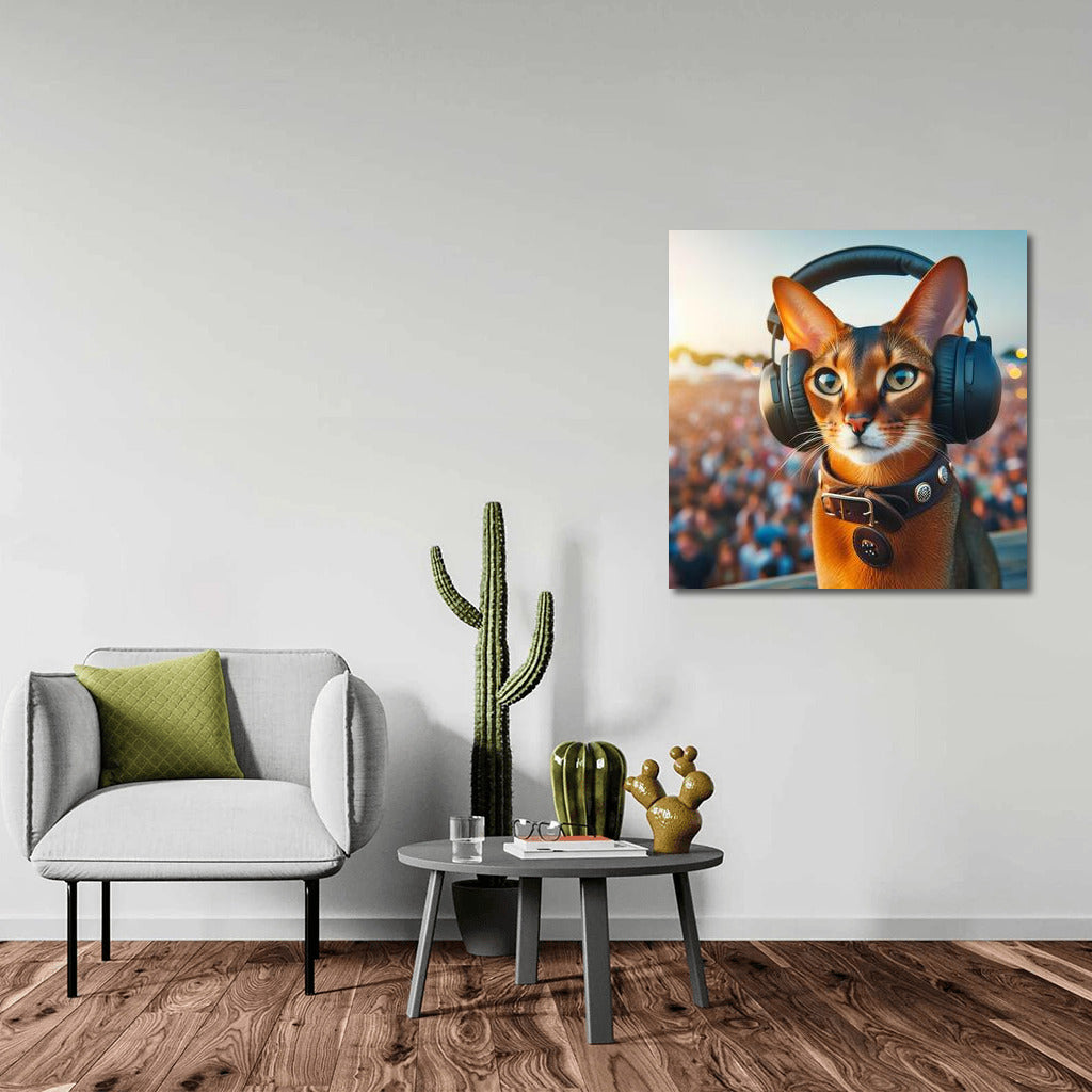 Abyssinian cat at a music festival wearing stylish headphones