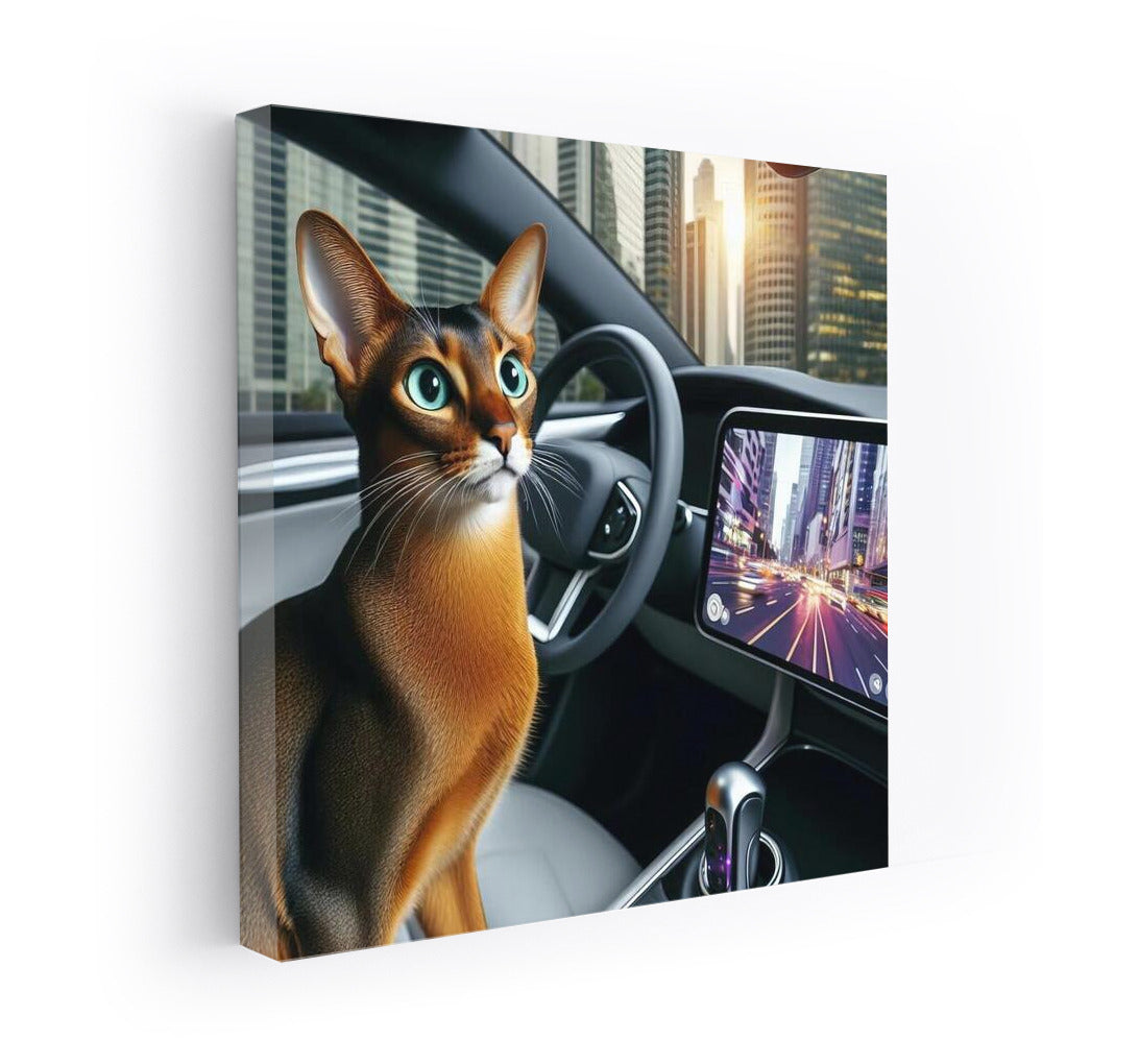 Abyssinian Cat in Futuristic Car Among City Lights