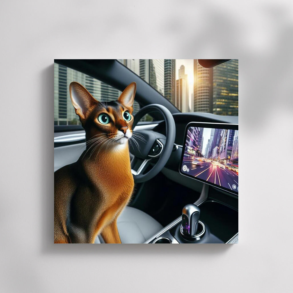 Abyssinian Cat in Futuristic Car Among City Lights