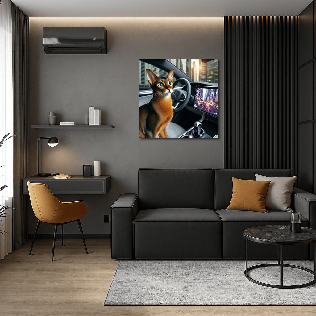 Abyssinian Cat in Futuristic Car Among City Lights