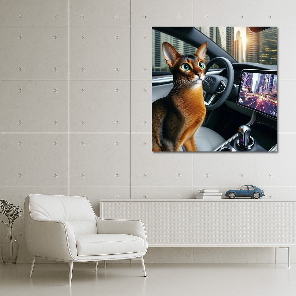 Abyssinian Cat in Futuristic Car Among City Lights