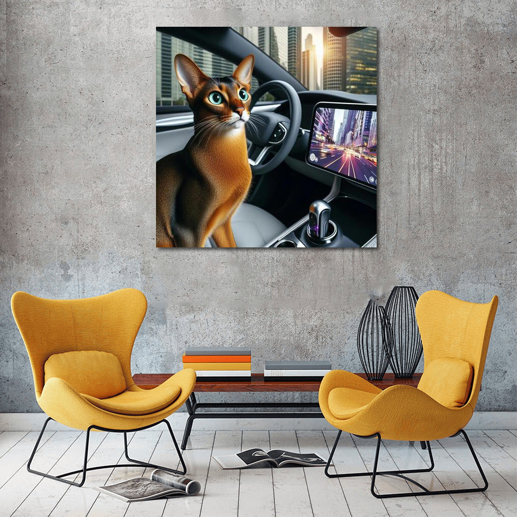 Abyssinian Cat in Futuristic Car Among City Lights