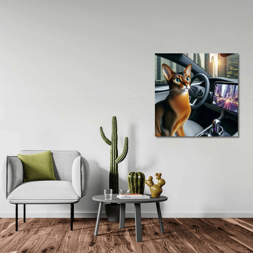 Abyssinian Cat in Futuristic Car Among City Lights