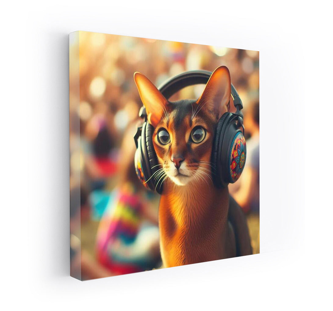 Abyssinian cat at a music festival wearing stylish headphones