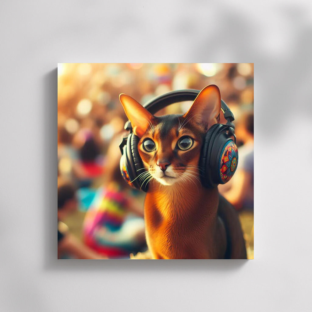 Abyssinian cat at a music festival wearing stylish headphones