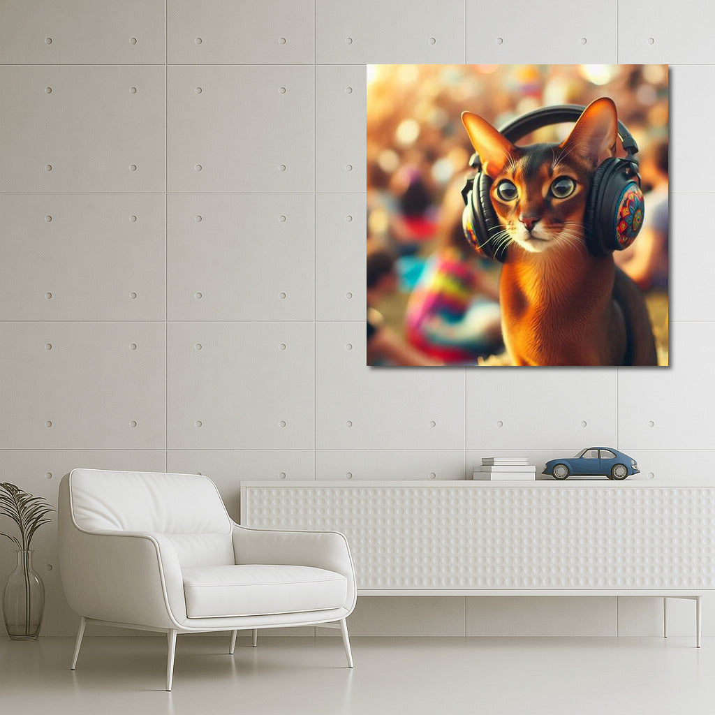 Abyssinian cat at a music festival wearing stylish headphones