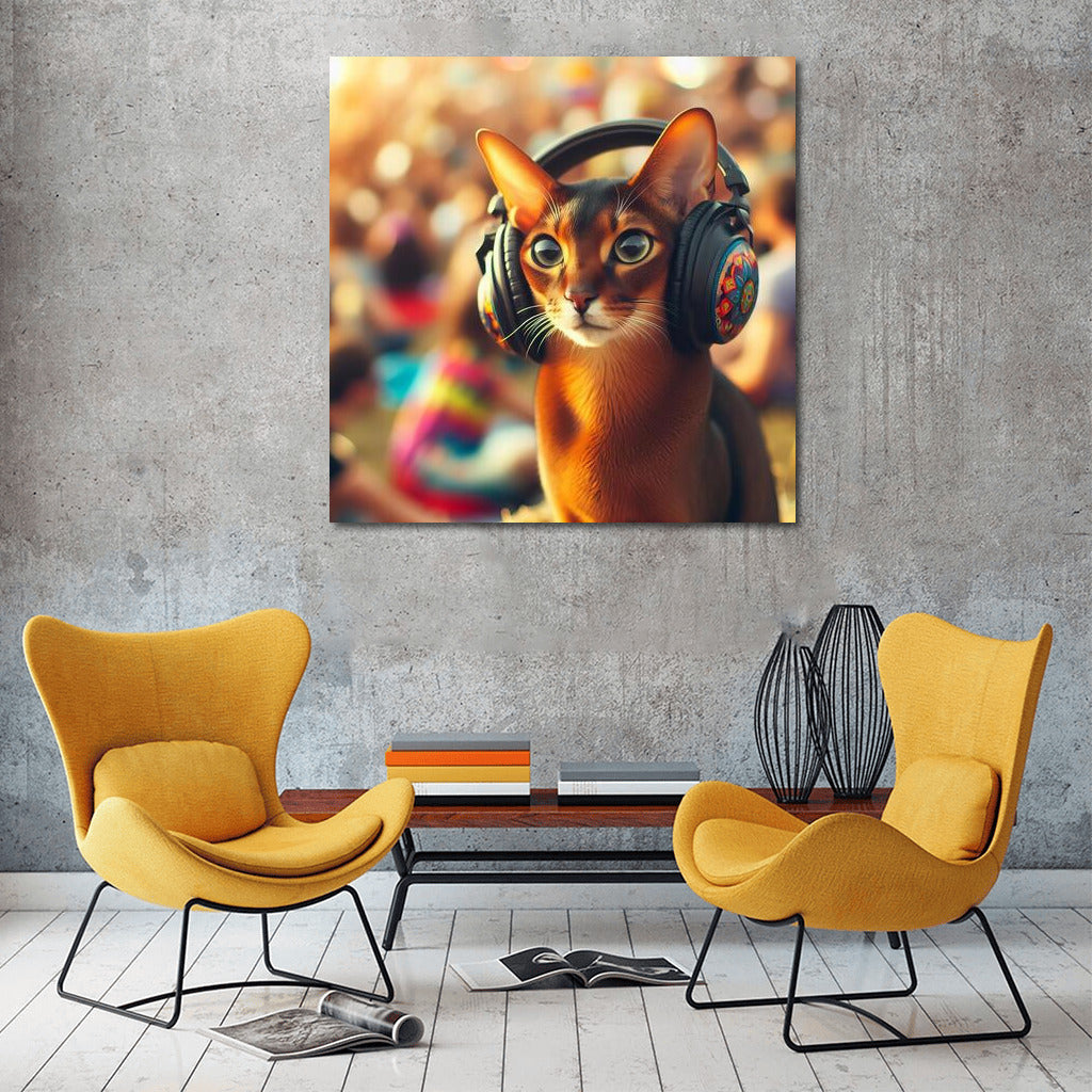 Abyssinian cat at a music festival wearing stylish headphones