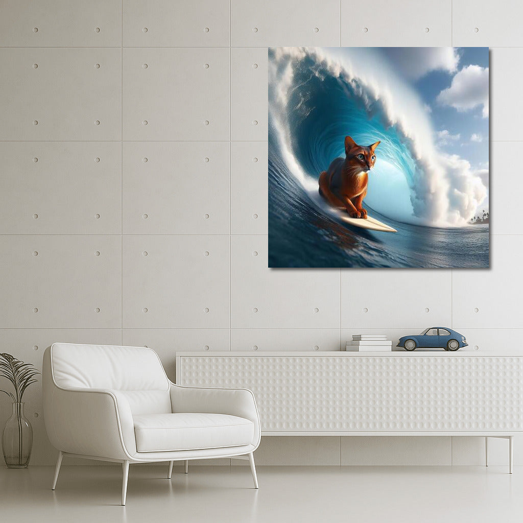 Abyssinian Cat on a Giant Wave: Adventure on the Crest of the Ocean