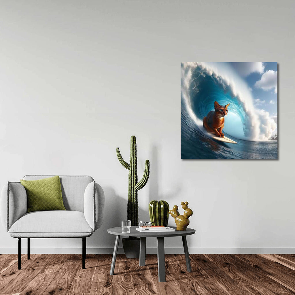Abyssinian Cat on a Giant Wave: Adventure on the Crest of the Ocean