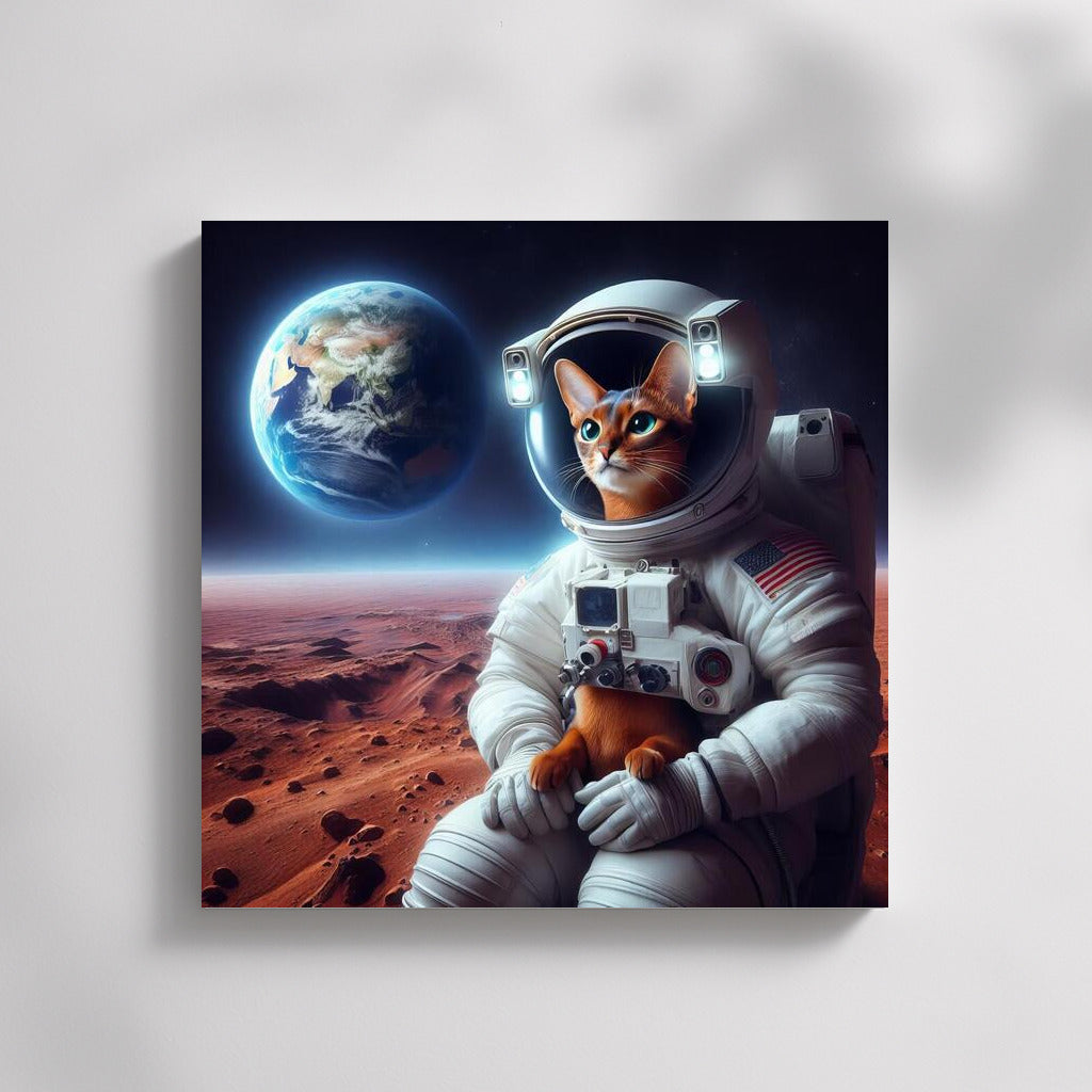 Space Abyssinian: A cat in a spacesuit on Mars looking at Earth