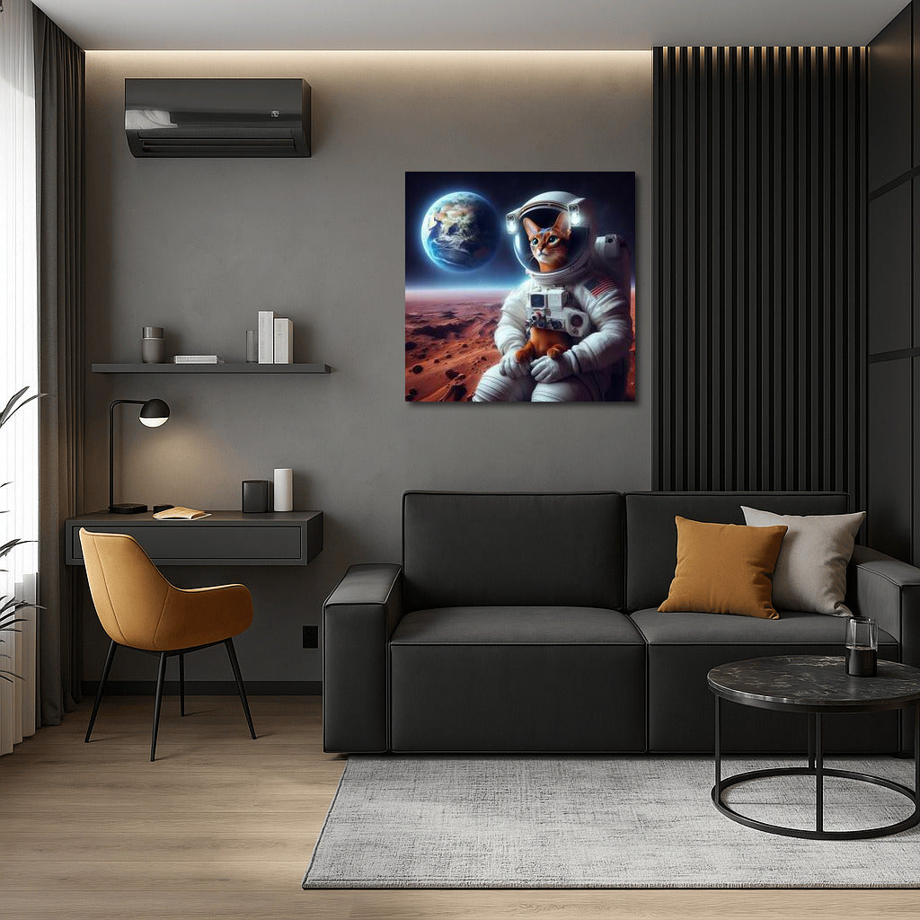 Space Abyssinian: A cat in a spacesuit on Mars looking at Earth