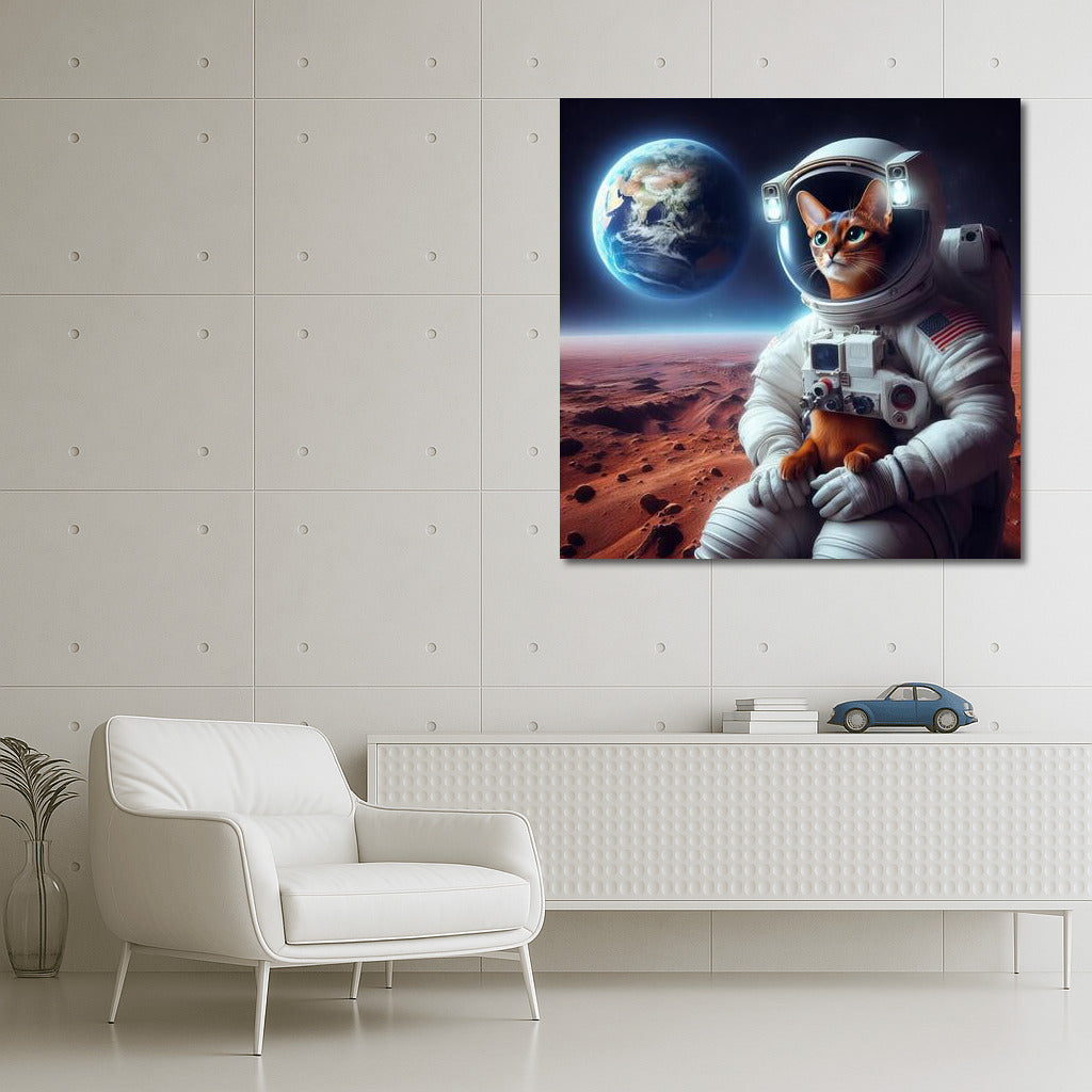 Space Abyssinian: A cat in a spacesuit on Mars looking at Earth