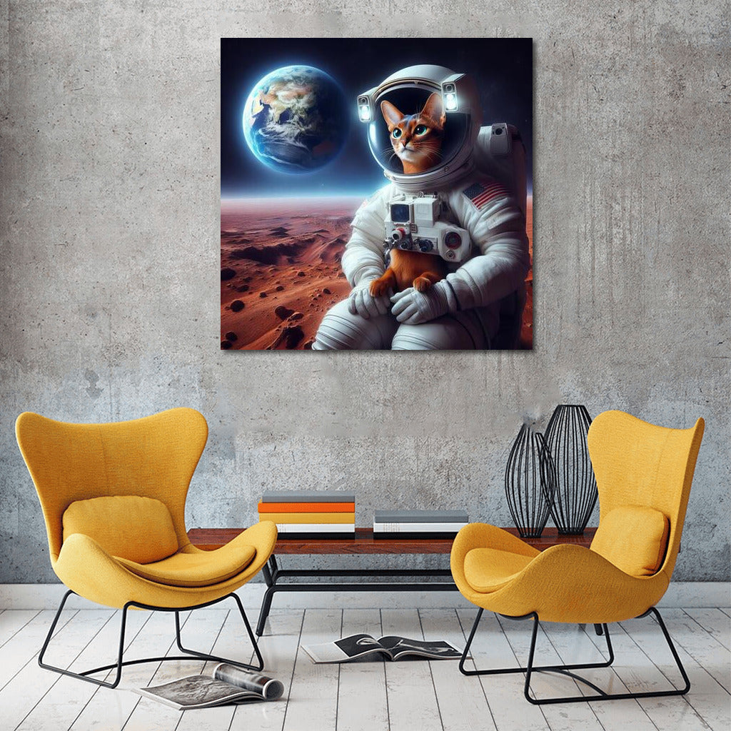 Space Abyssinian: A cat in a spacesuit on Mars looking at Earth