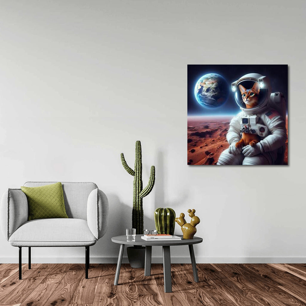 Space Abyssinian: A cat in a spacesuit on Mars looking at Earth