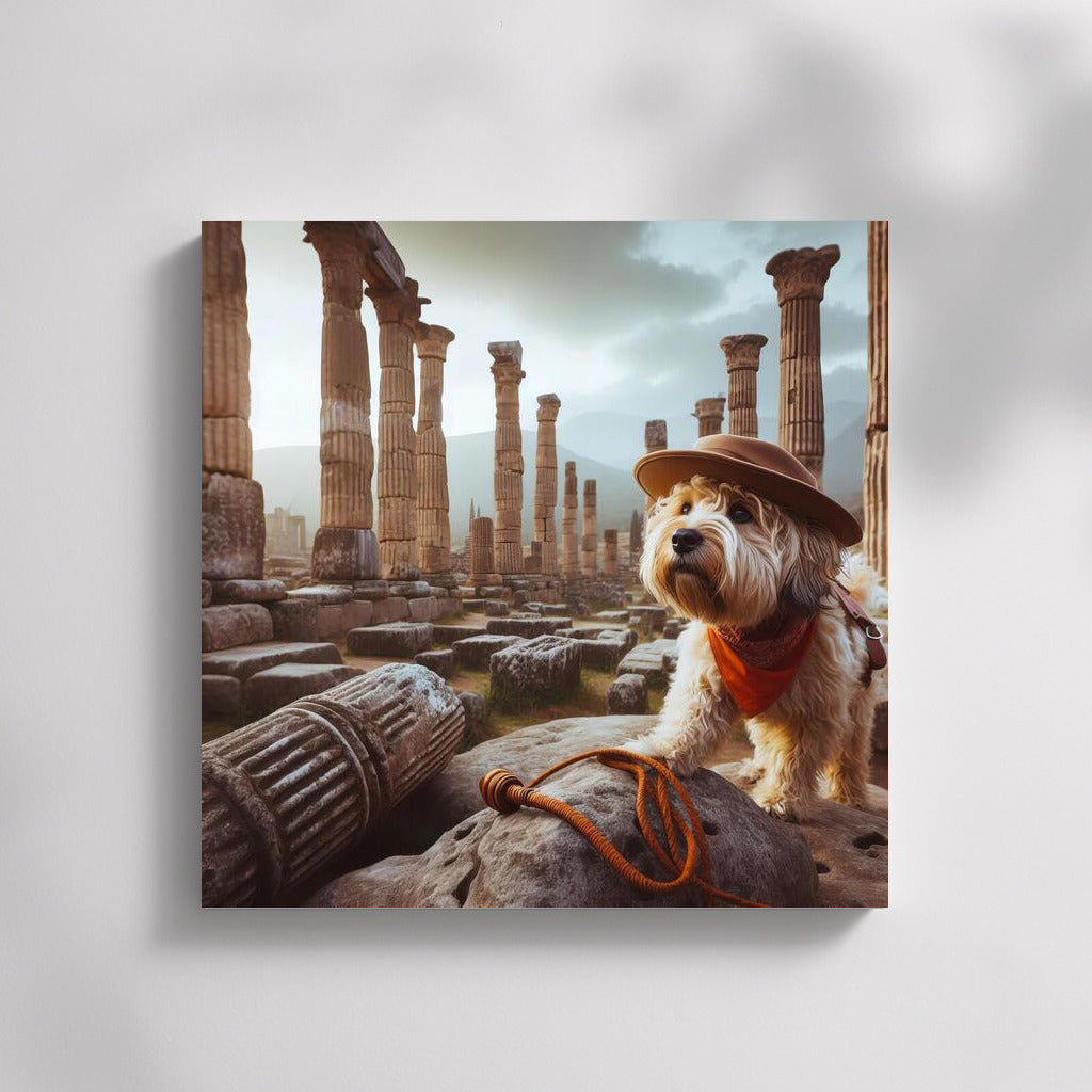 Fearless Archaeologist Dog in Ancient Ruins