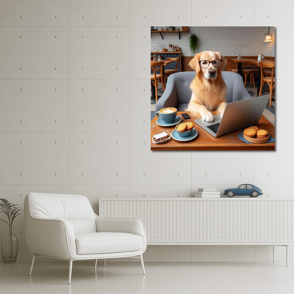 Coffee Doggie at Laptop: Humorous Decor for Cafe and Home