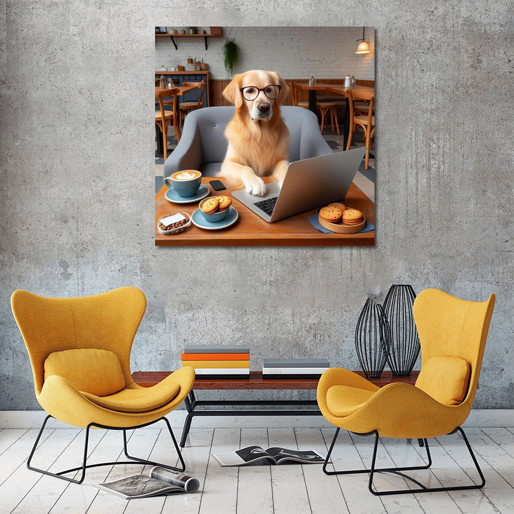 Coffee Doggie at Laptop: Humorous Decor for Cafe and Home