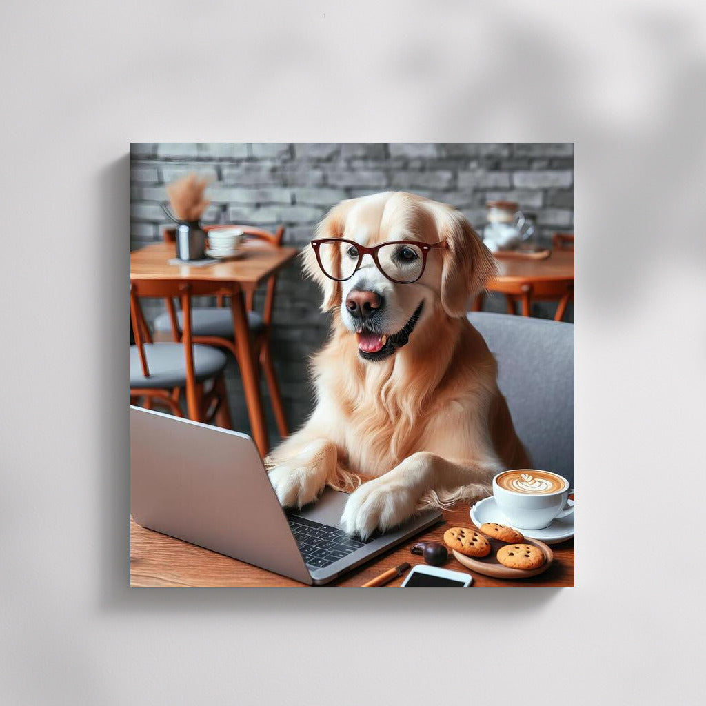 Coffee Pet: Dog on Laptop in Cozy Cafe