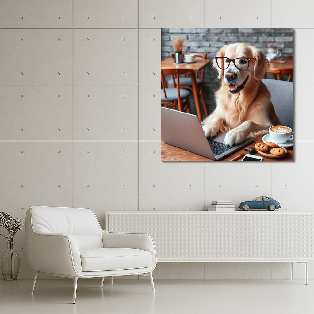 Coffee Pet: Dog on Laptop in Cozy Cafe