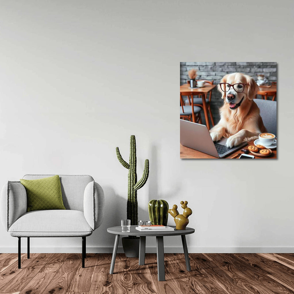 Coffee Pet: Dog on Laptop in Cozy Cafe