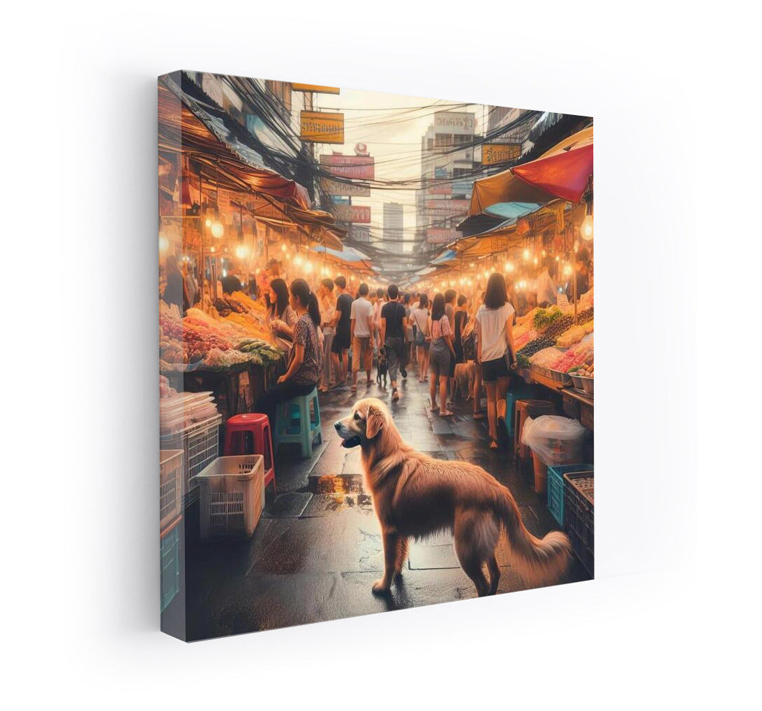 Street market in lantern light with smiling dog