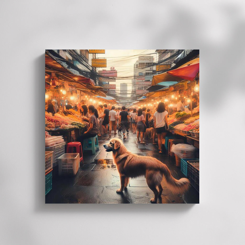 Street market in lantern light with smiling dog