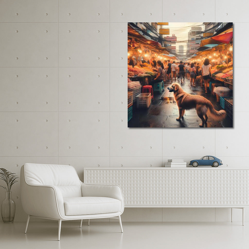Street market in lantern light with smiling dog