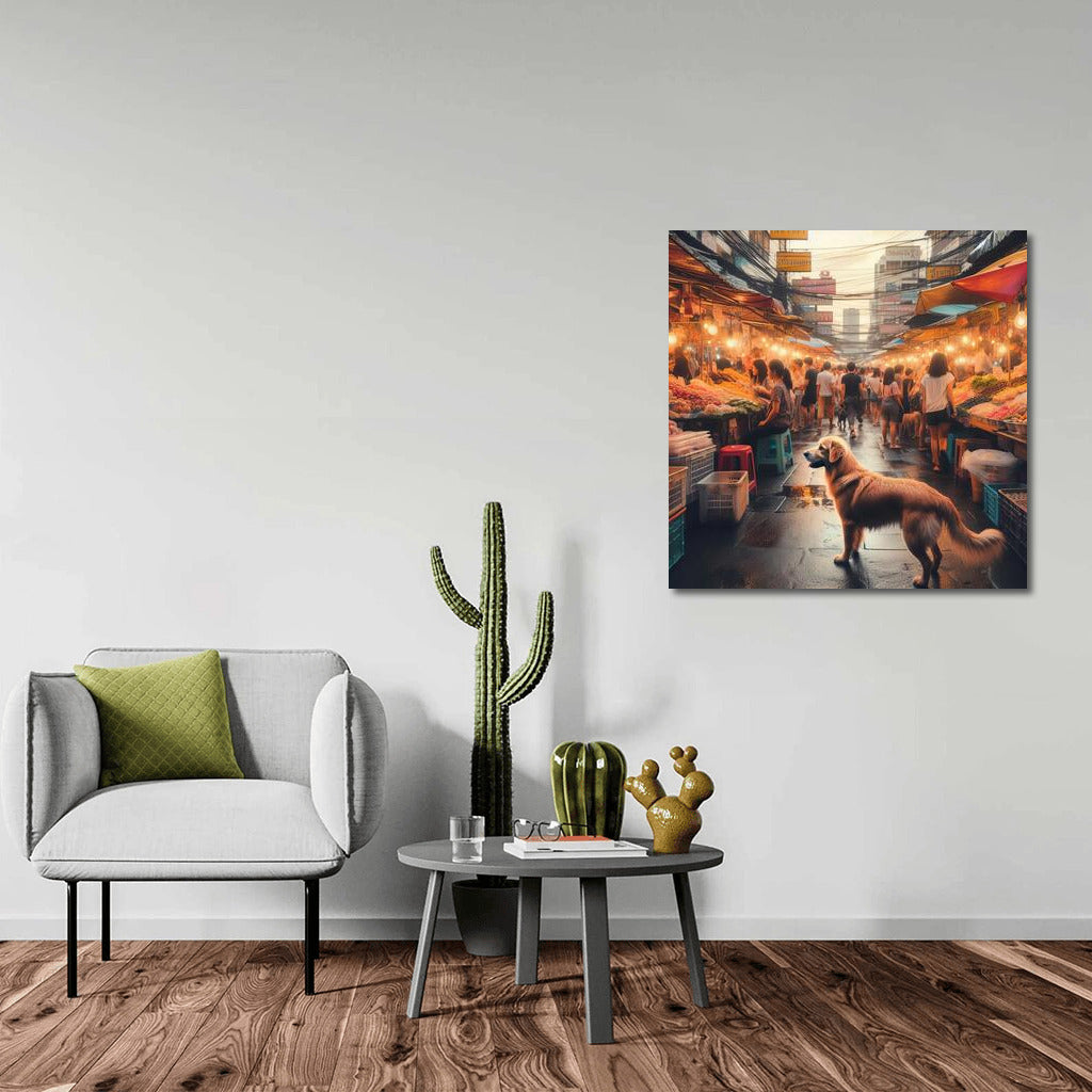 Street market in lantern light with smiling dog