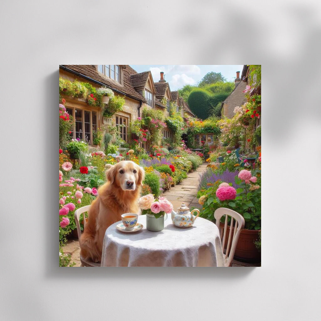 Golden Retriever Having Tea in the Garden: Comfort and Tranquility for Your Interior