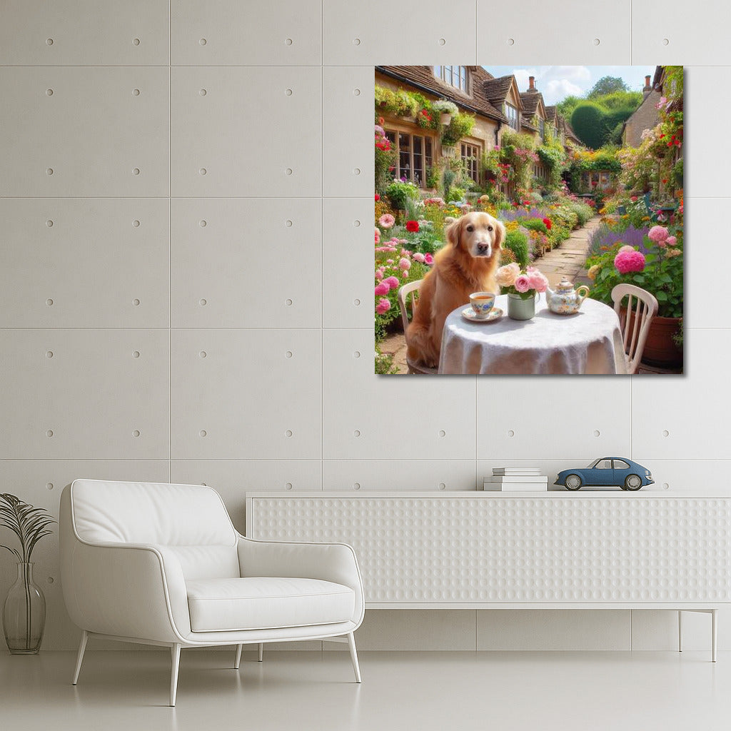 Golden Retriever Having Tea in the Garden: Comfort and Tranquility for Your Interior