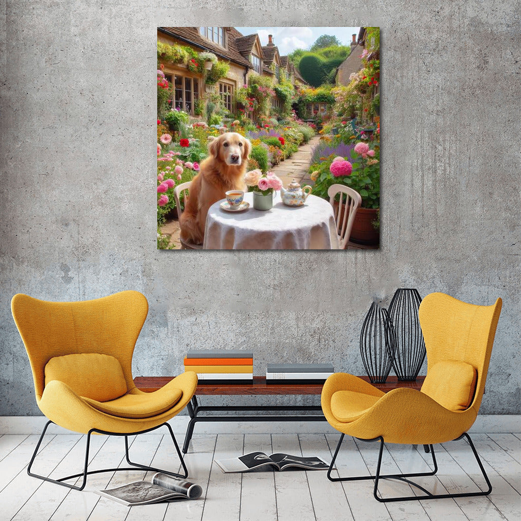 Golden Retriever Having Tea in the Garden: Comfort and Tranquility for Your Interior