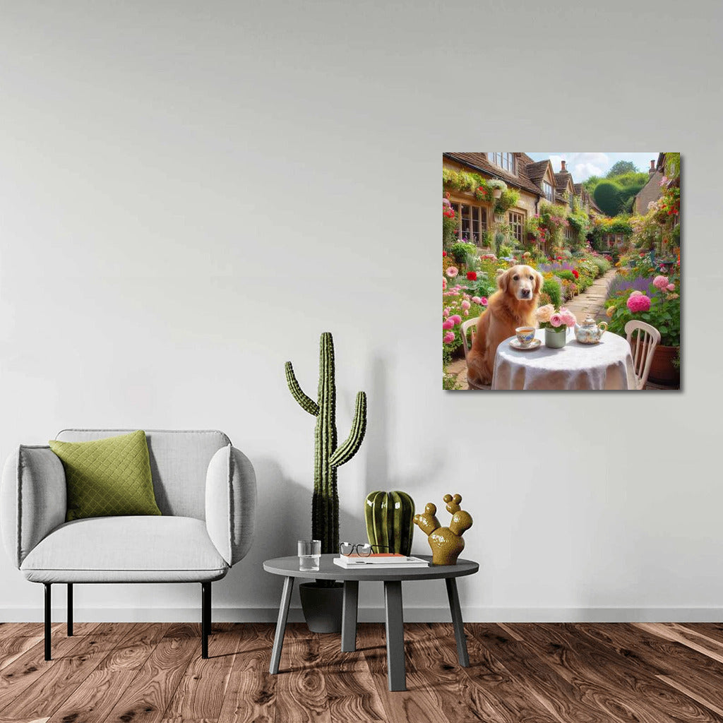 Golden Retriever Having Tea in the Garden: Comfort and Tranquility for Your Interior