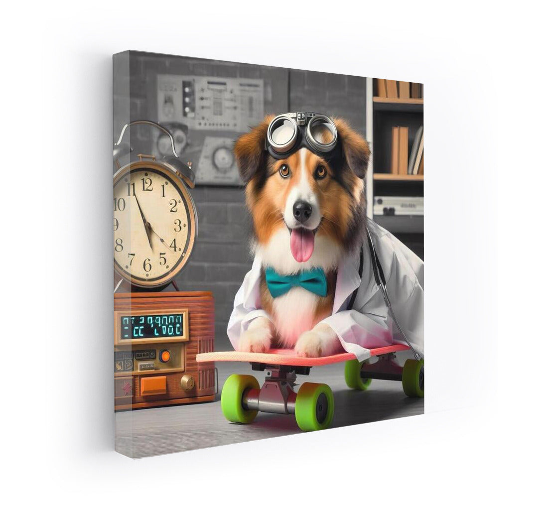 Skateboarder with Glasses: The Scientist Dog on Wheels