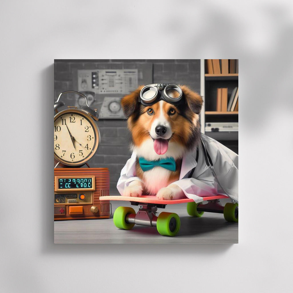 Skateboarder with Glasses: The Scientist Dog on Wheels