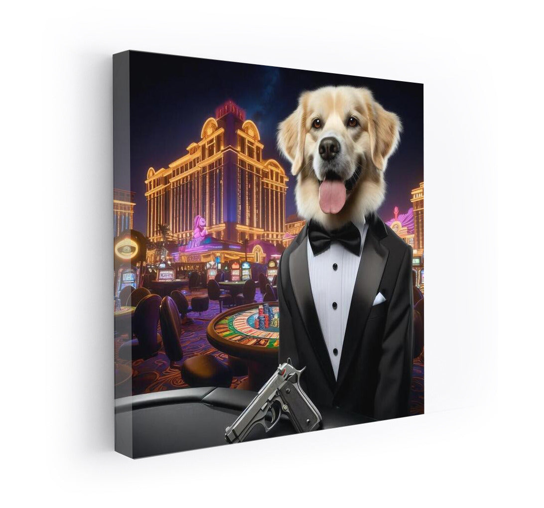 Canine Agent 007: Stylish Dog in a Tuxedo with a Gun in a Casino