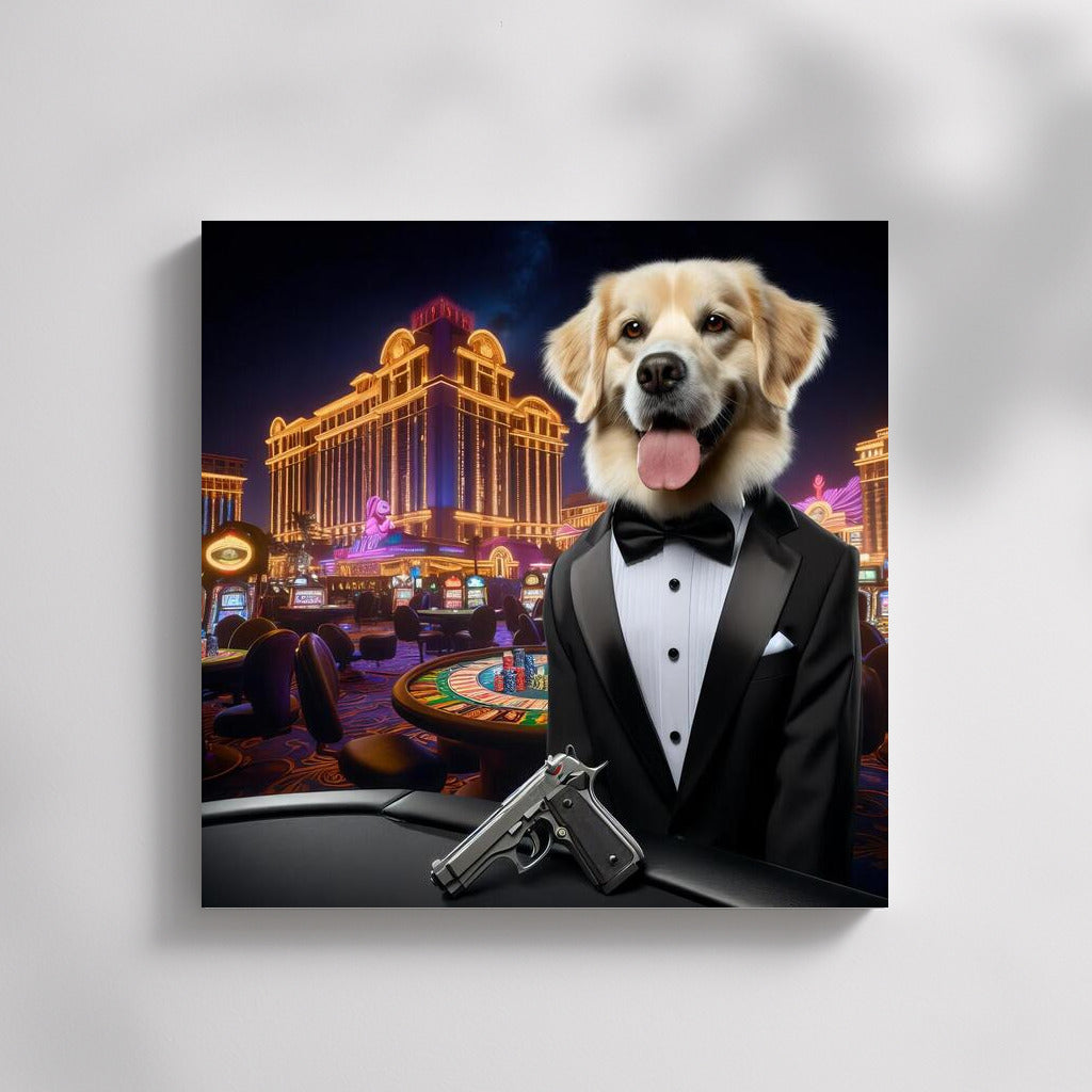 Canine Agent 007: Stylish Dog in a Tuxedo with a Gun in a Casino