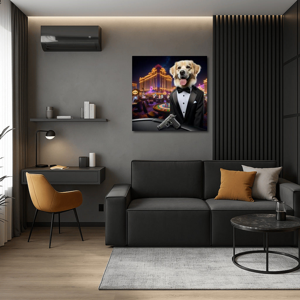 Canine Agent 007: Stylish Dog in a Tuxedo with a Gun in a Casino